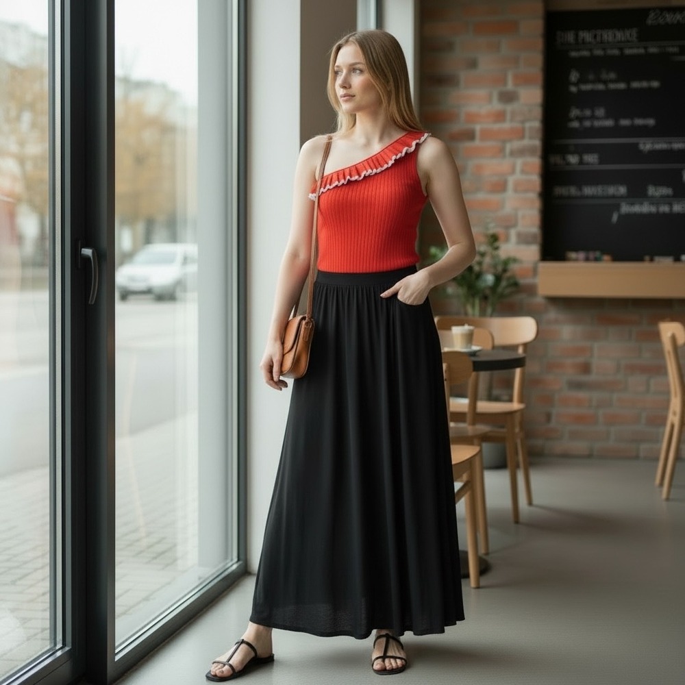Tabula Rasa One Shoulder Ruffle Knit Crop Top Orange Red Ribbed Size S